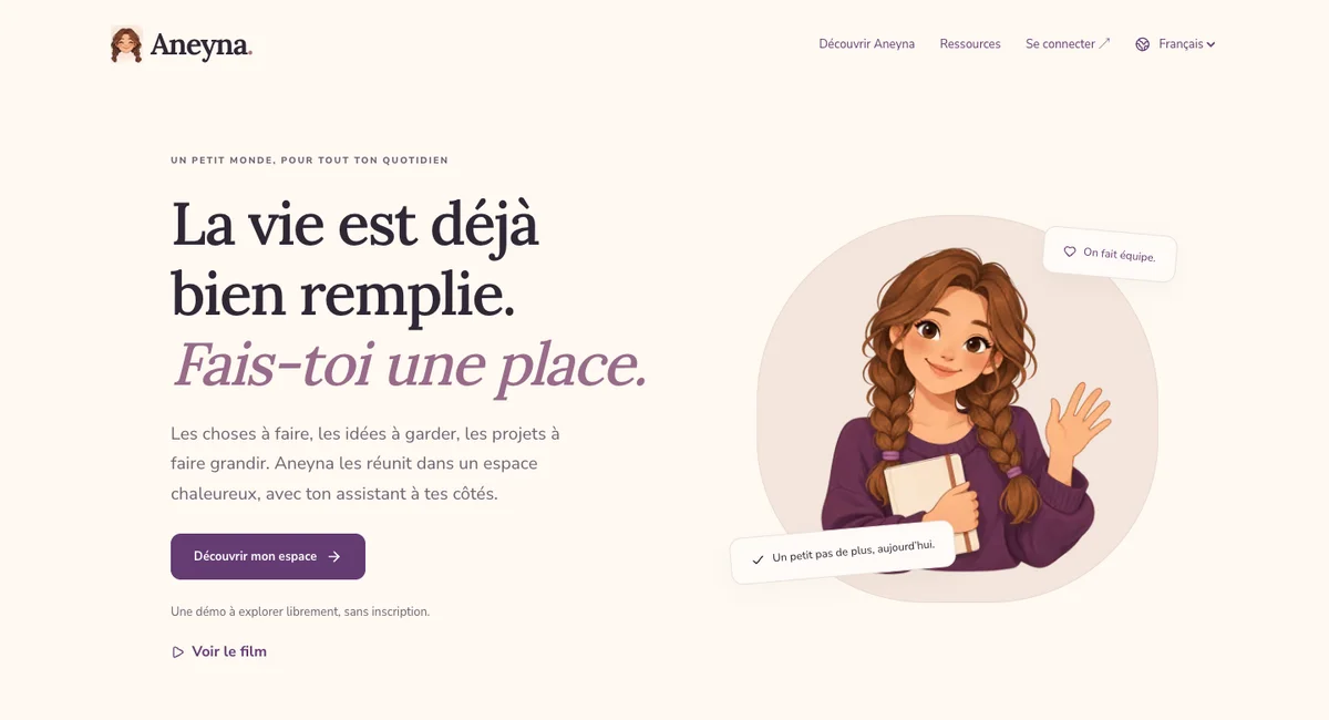 Accueil d’Aneyna, application d’organisation personnelle